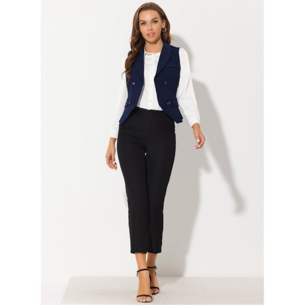 Women's Lapel Collar Dressy Versatile Racerback Waistcoat Suit Vest Dark Blue L - Picture 3 of 5
